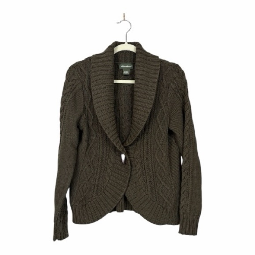 Eddie Bauer Shawl Collar Green Cable‎ Knit Cardigan Sweater SZ L